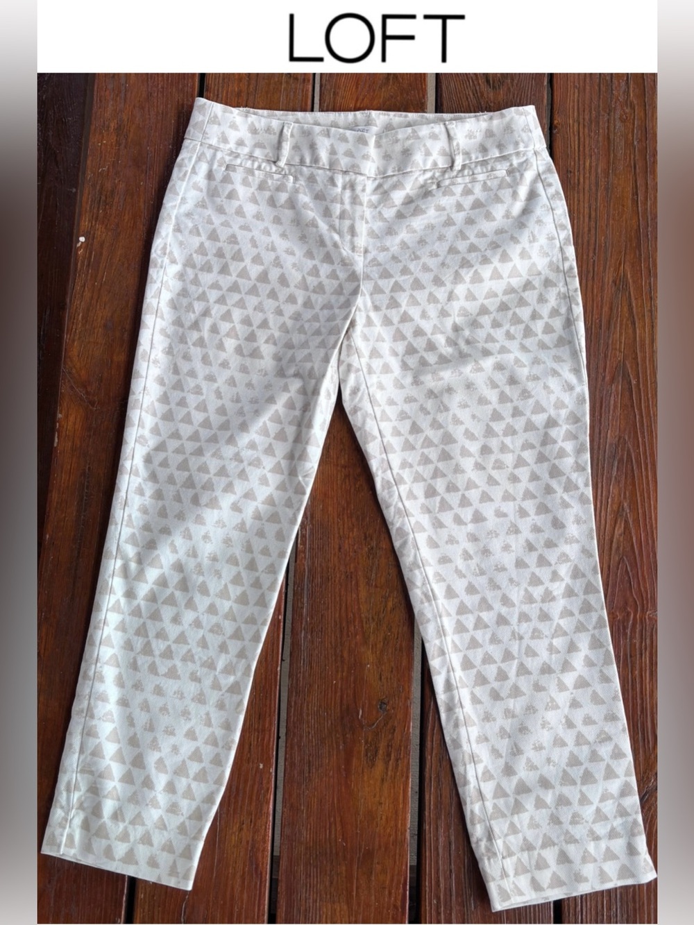 LOFT Marisa Riviera Pant White w/ Tan Triangles 10